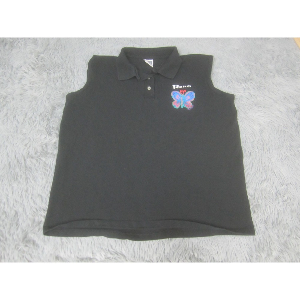 Cotton Deluxe‎ Shirt Womens Large Black Reno Butterfly Sleeveless Polo Top USA